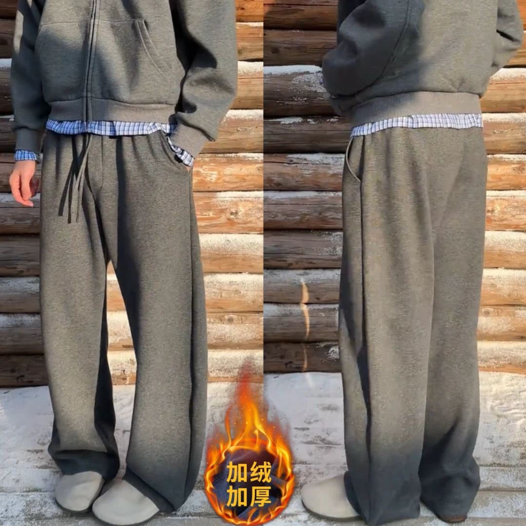 WESSIK三色弯刀阔腿加绒卫裤cleanfit秋冬宽松运动百搭休闲长裤男