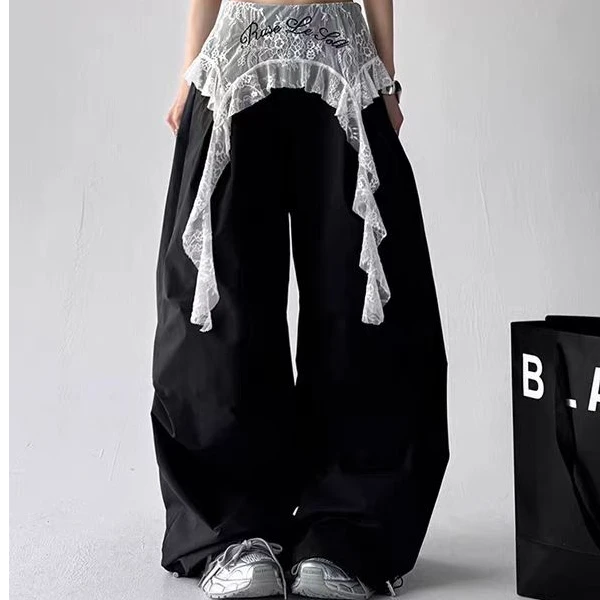 夏季拼接休闲裤蕾丝拼接工装长裤ins阔腿裤潮流休闲百搭街头