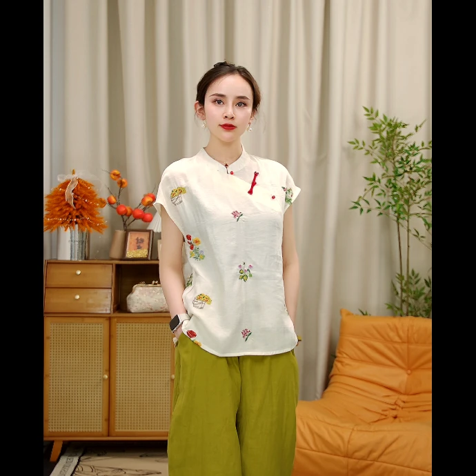 晴曦原创【苎麻小衫】长55夏季新款刺绣国风上衣