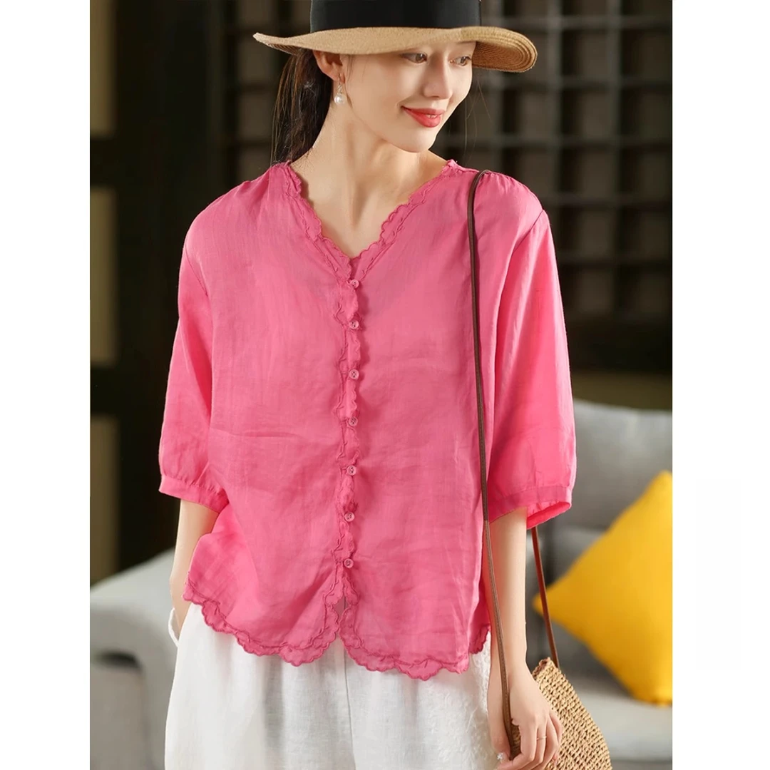 高档新款复古衣服V领衬衫女装女气质中袖衬衣薄款上衣女款夏季