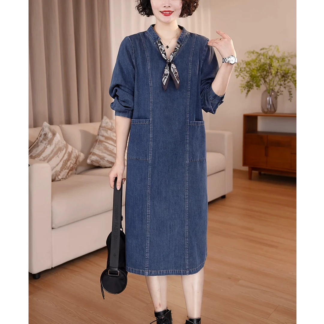 【现货】欧货牛仔连衣裙女春秋中长款大码宽松休闲遮肚子显瘦裙子