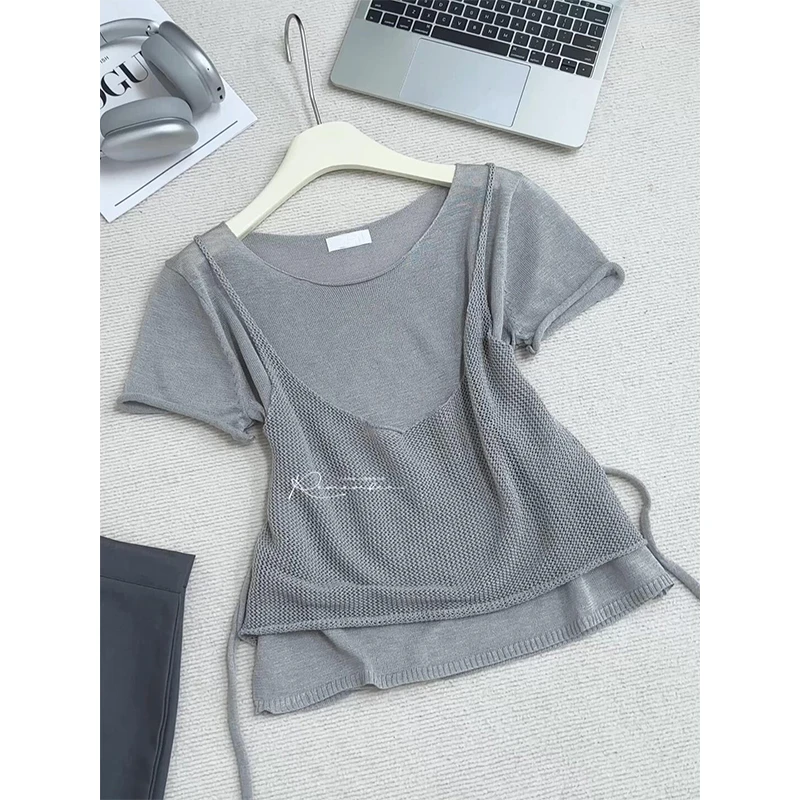 假两件设计圆领针织叠穿T恤女装夏季新款高级感掐腰显瘦别致上衣