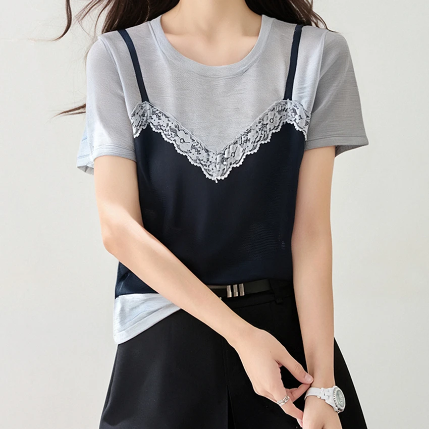 夏季设计感气质蕾丝假两件短袖上衣