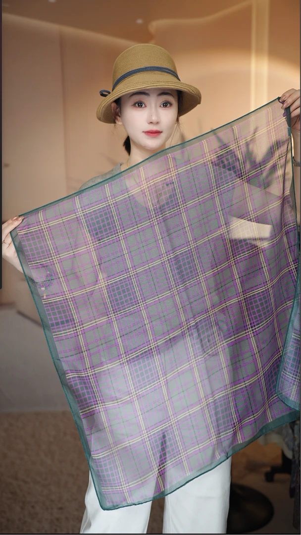 p17【清新格紫】 夏季西丽纱70*70左右方巾夏季防晒小方巾