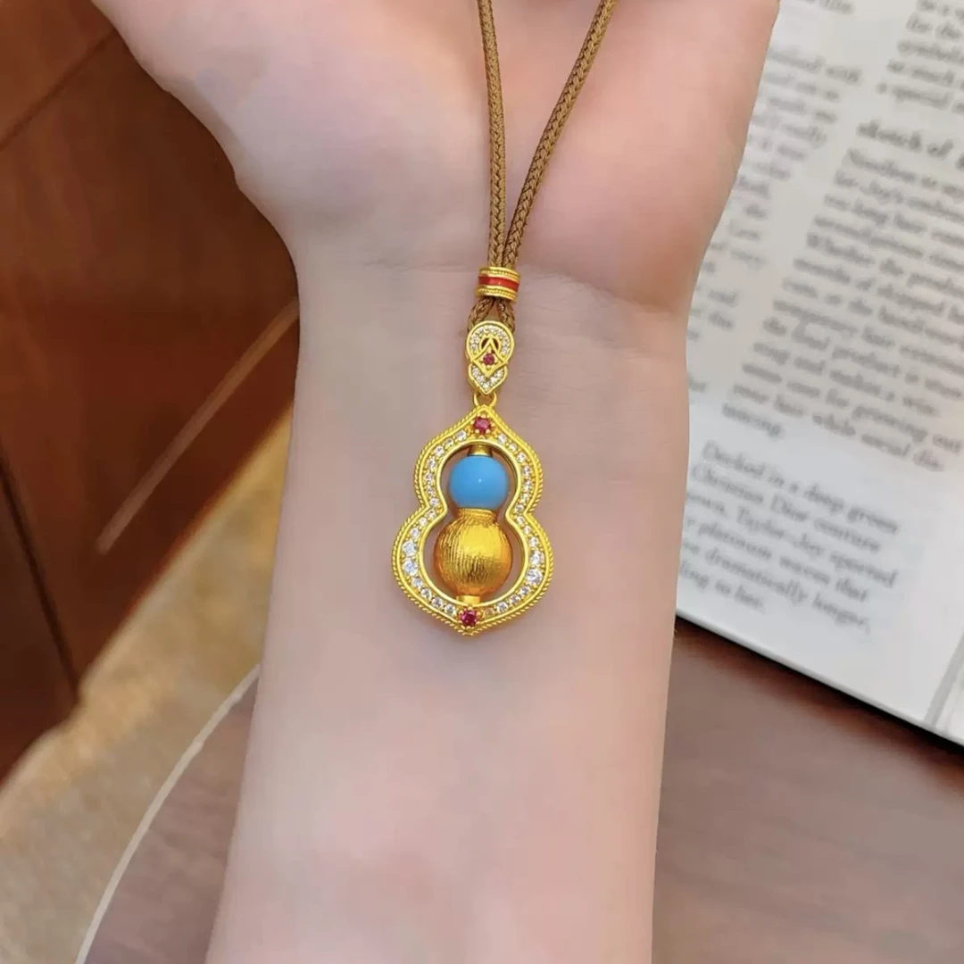 铜合金项链 新中式拉丝美松葫芦吊坠项链老钱风转动葫芦毛衣链