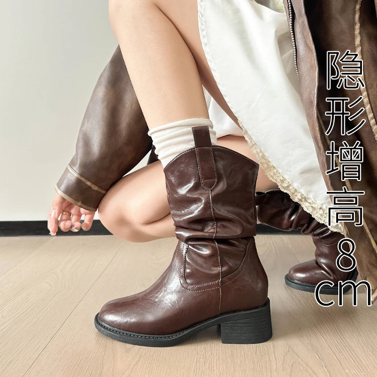 小个子增高褶皱堆堆靴女秋冬新款粗跟美拉德棕色时尚瘦瘦中筒靴子