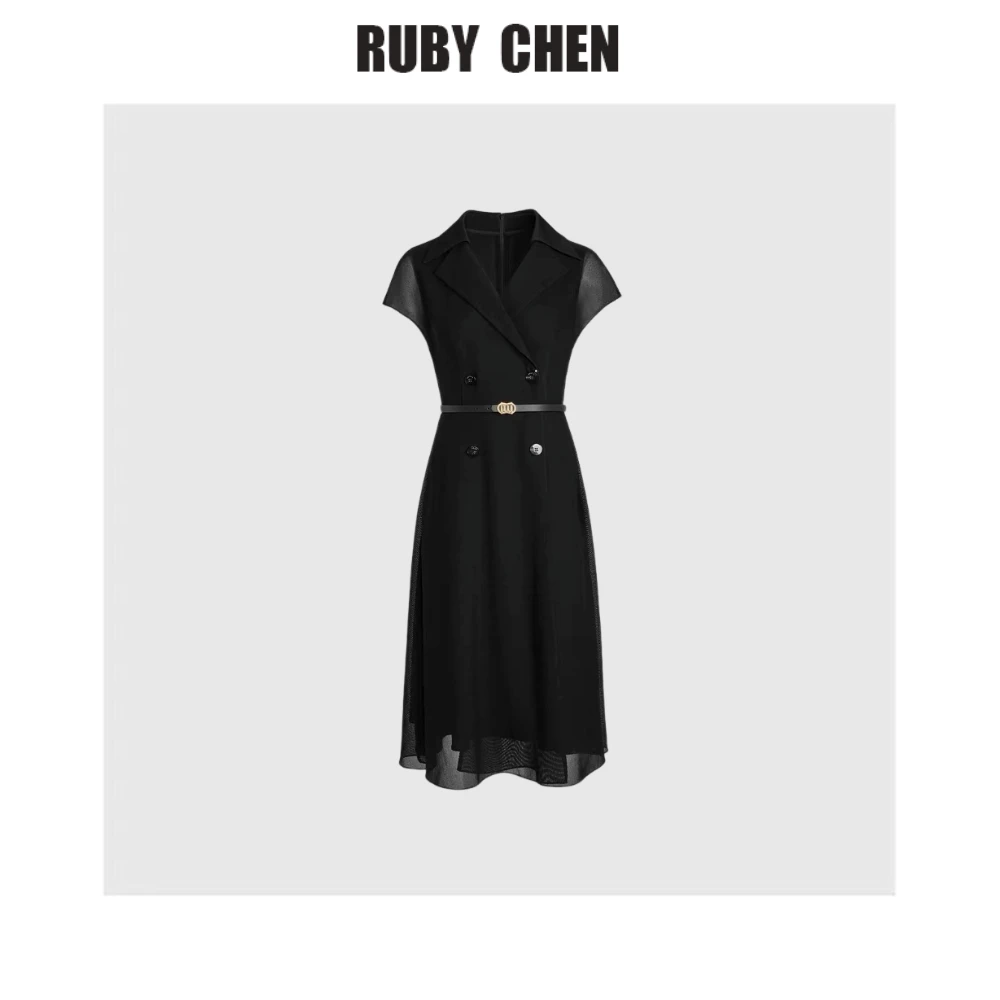 TrumAcme~黑色高级感修身显瘦中长款短袖连衣裙女