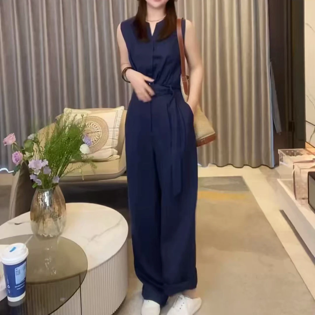 夏季新款无袖马甲背心阔腿连体裤高级设计感亚麻连体裤女气质