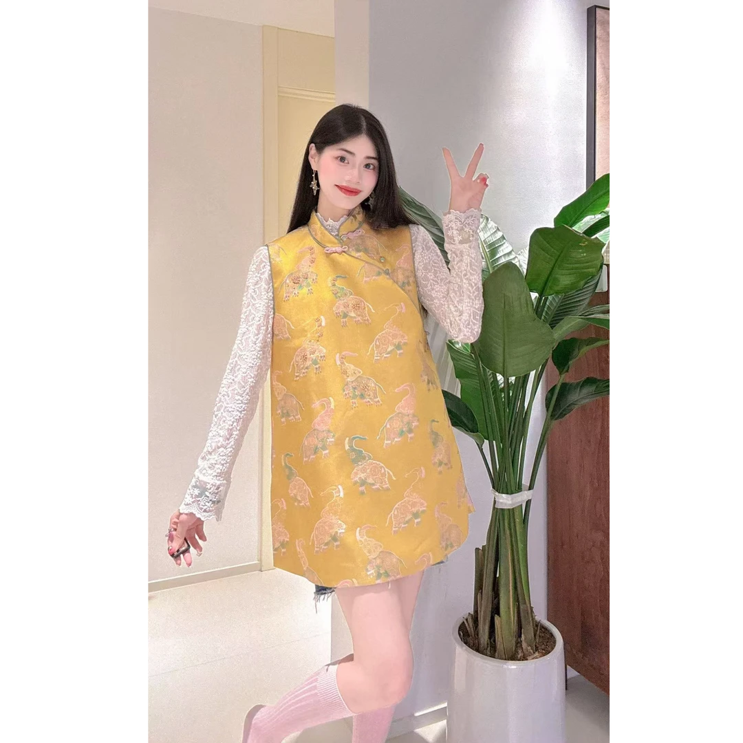 大象珠绣中长款马甲