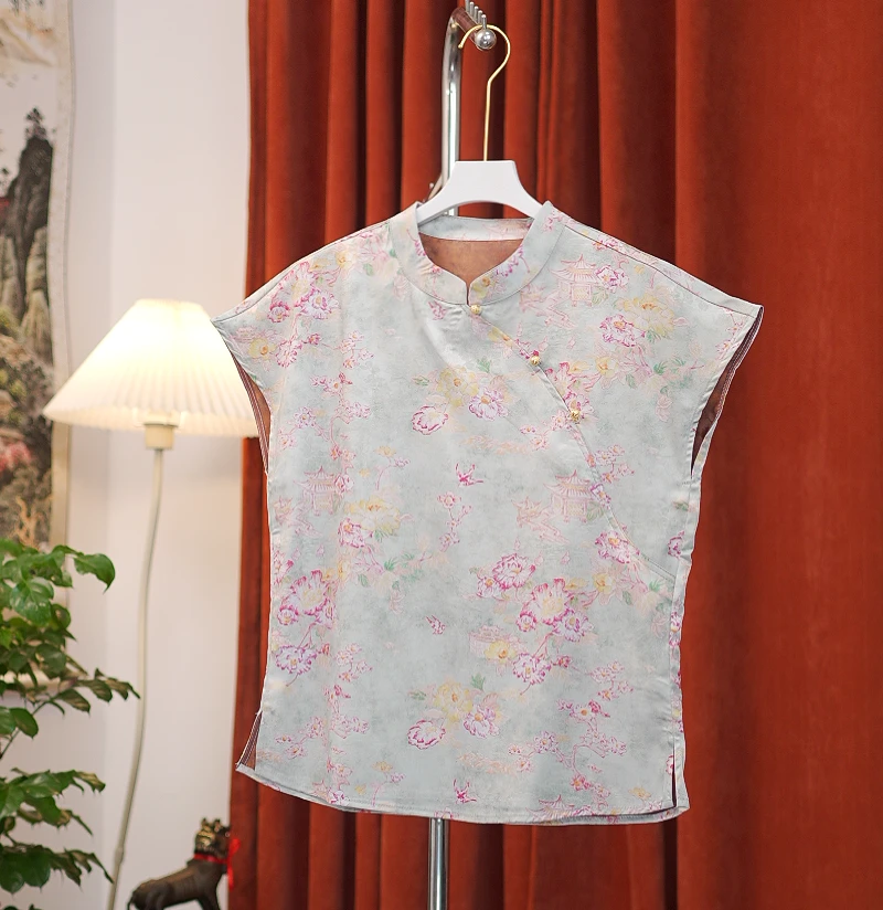 【百花楼阁】新中式高定立领斜襟真丝香云纱短袖小衫百搭宽松显瘦女
