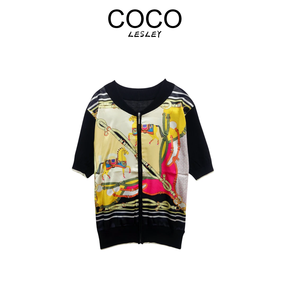 【COCO LESLEY】醋酸拼接桑蚕丝骏马印花拉链开衫msl463