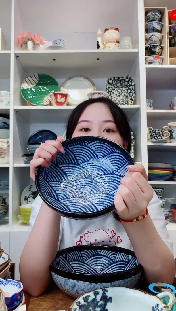 陶瓷美浓烧青海波中钵17.5cm