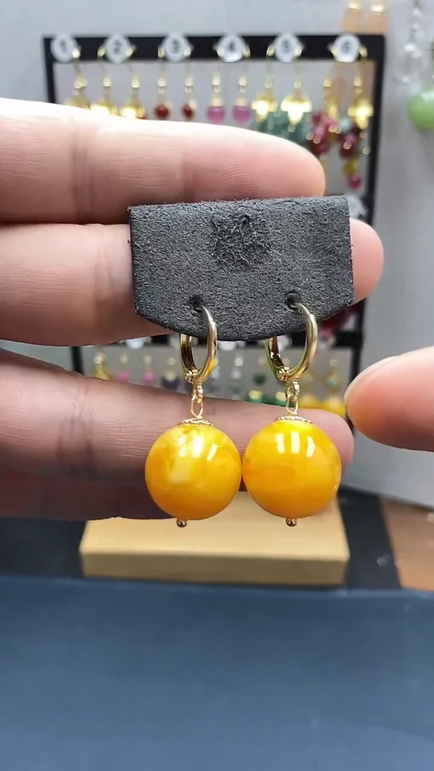 【闪购商品】银S925镀金镶嵌蜜蜡耳饰尺寸16mm耳扣06