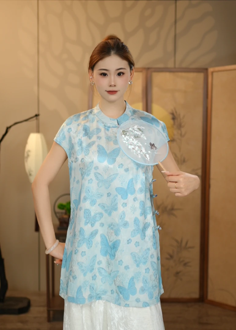 【漫天飞舞】春夏国风奥黛小飞袖上衣短袖T恤新中式提花老钱风马甲