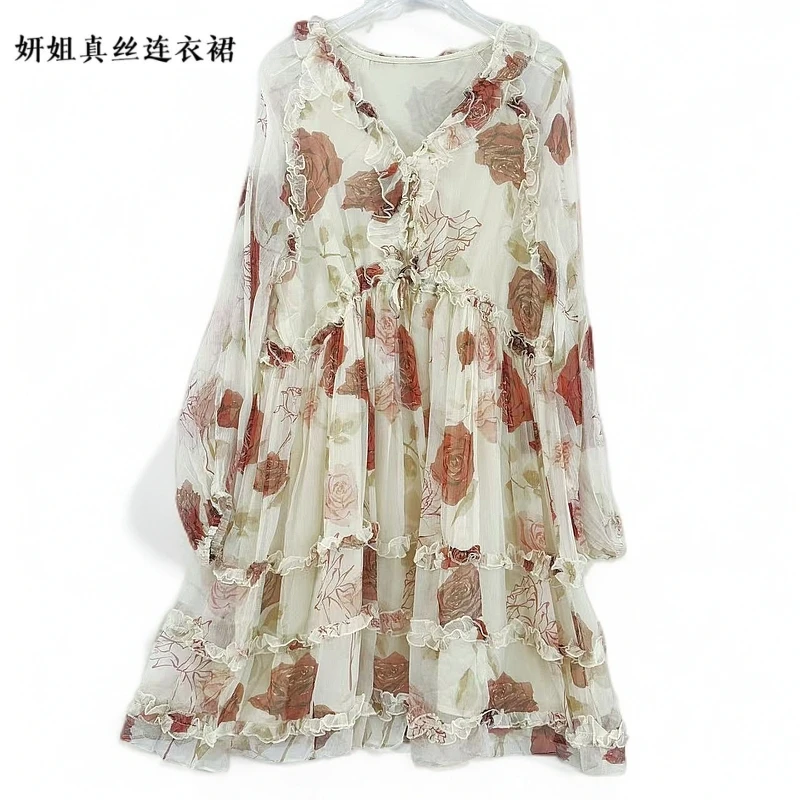 真丝复古2025年时尚V领桑蚕丝女装百搭大花灯笼袖 米色 502265