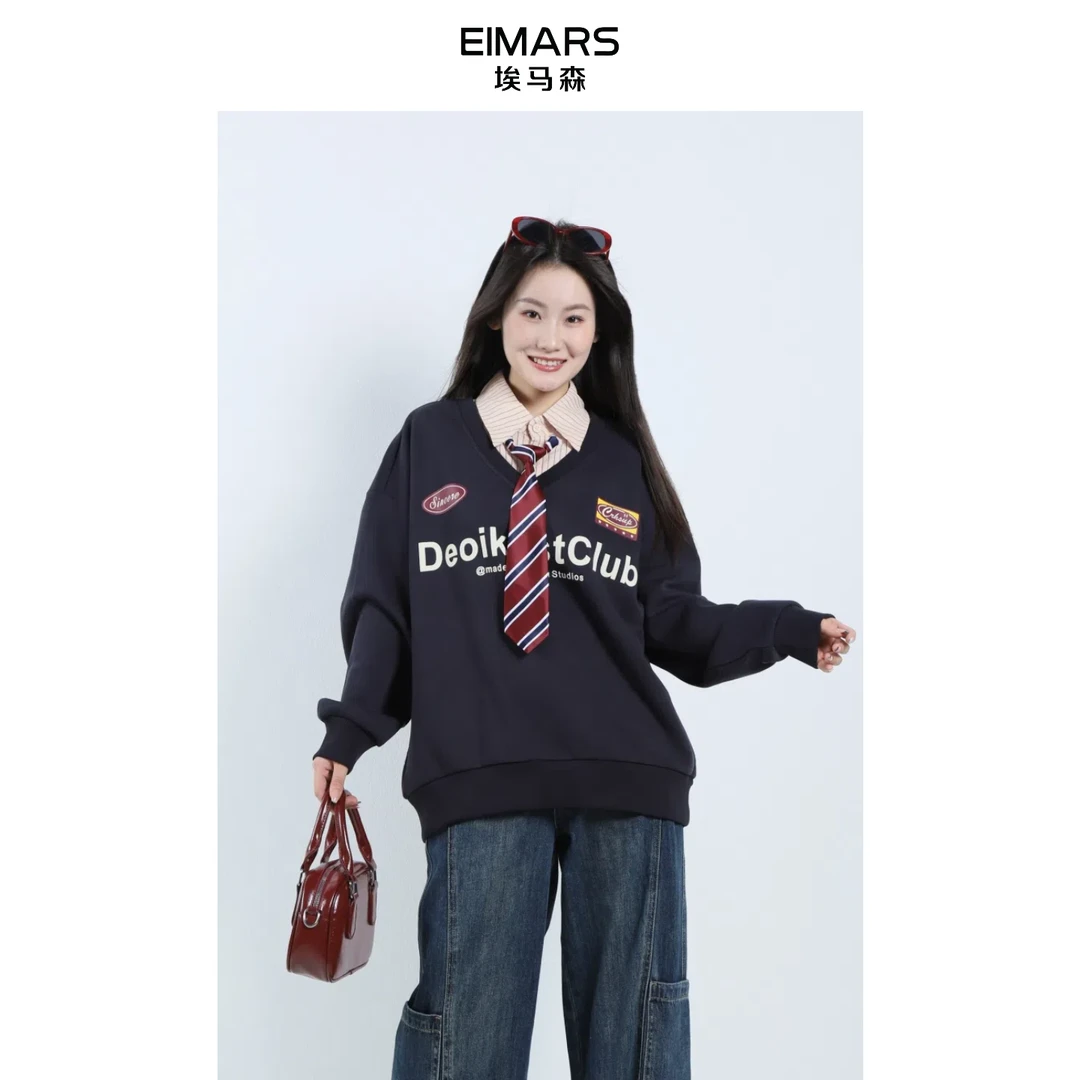 EIMARS埃马森藏青学院风拼接条纹衬衫领带印花套头卫衣21240006