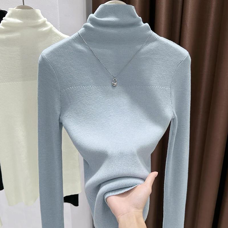 爆款蓝色软糯针织打底衫女秋季韩版时尚堆堆领修身设计感内搭上衣