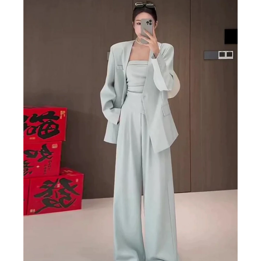 韩系三件套小众西装外套+抹胸内搭背心+阔腿裤高级感套装2025新款