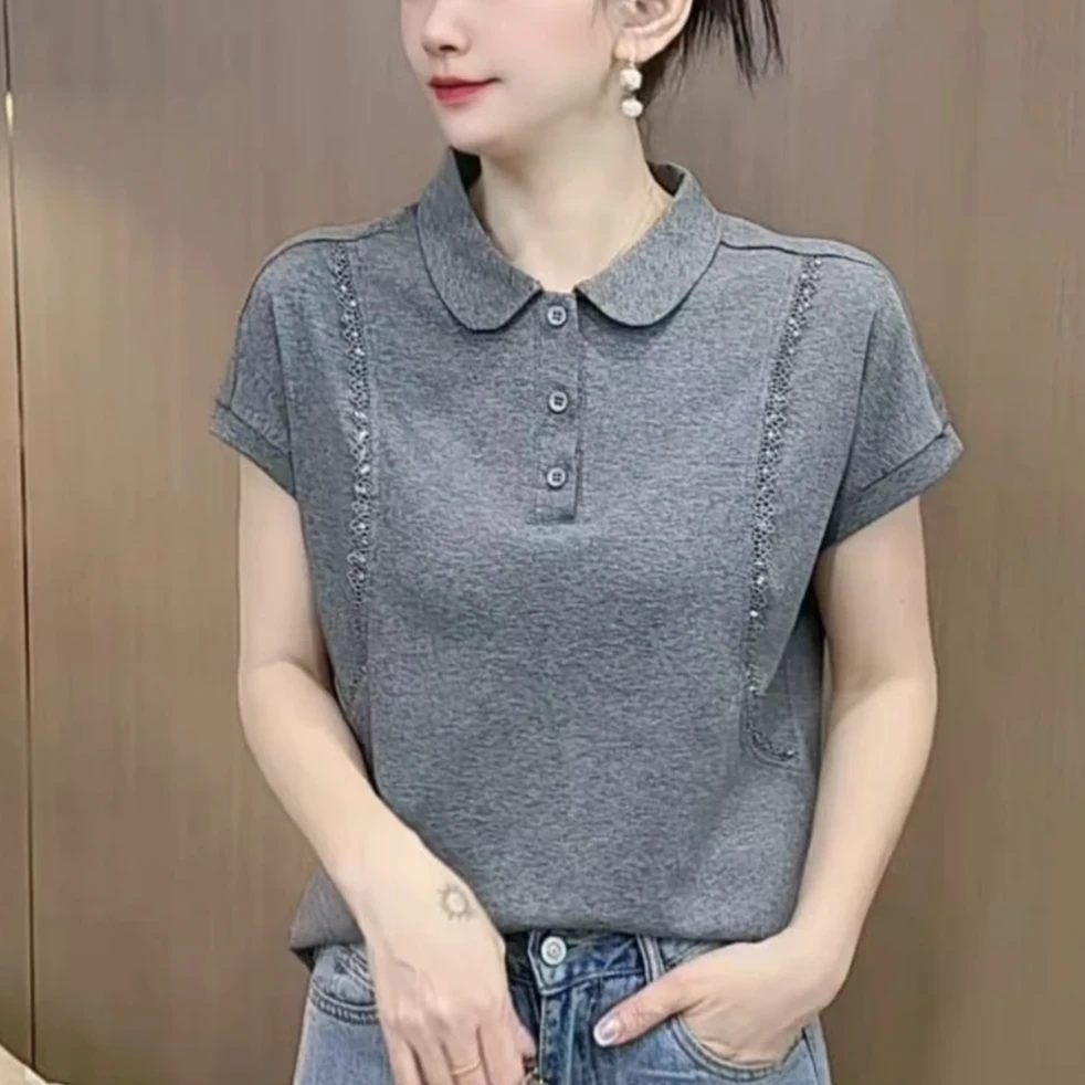夏季女士上衣POLO领小飞袖短袖T恤亮片时尚百搭休闲宽松显瘦T恤