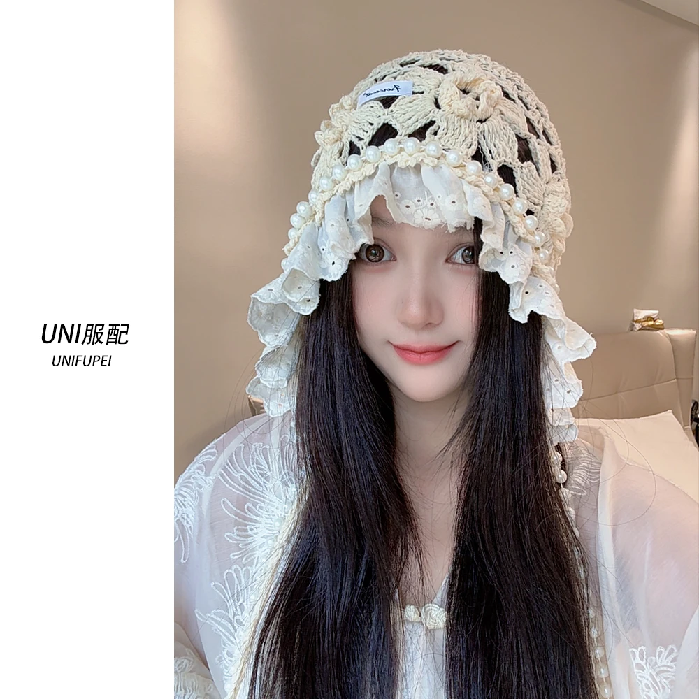波西米亚风珍珠蕾丝花边镂空包头帽女春夏薄款透气套头帽针织帽子