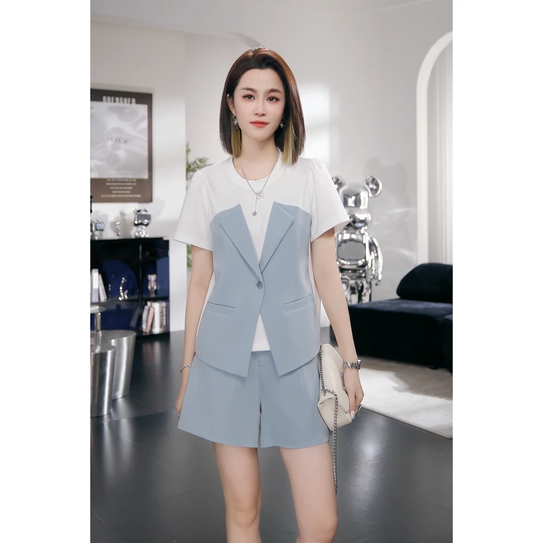 【Chanllete Meline】夏季时尚设计师款气质拼接休闲套装CM-9193