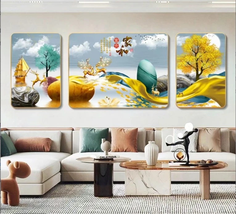 镶钻【家和富贵】7105 晶瓷客厅背景墙高档三联画装饰画捡漏福利款