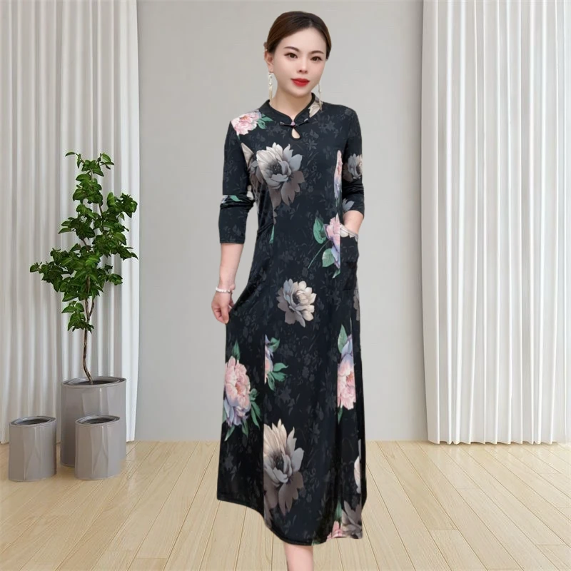 早秋新款弹力缎复古长袖旗袍裙气质薄款显瘦无开叉水滴领长款旗袍