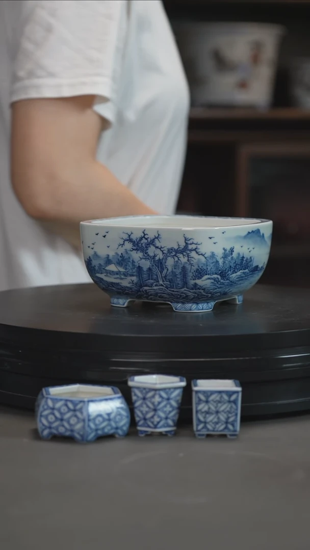 釉下手绘盆小*扬釉下青花山水手绘盆