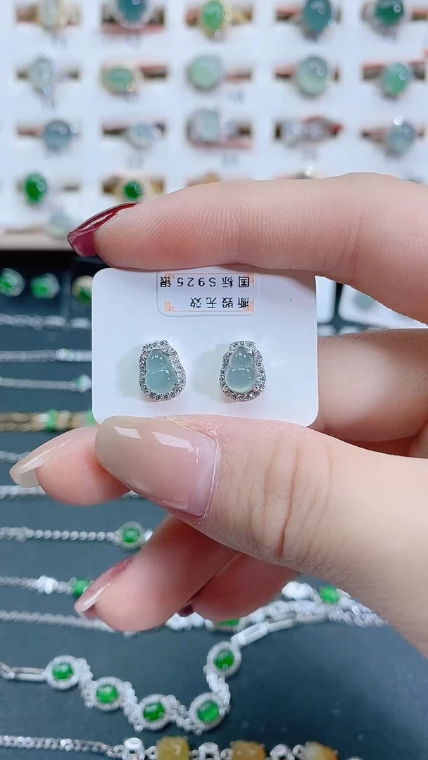 银S925镶嵌翡翠耳饰天然翡翠