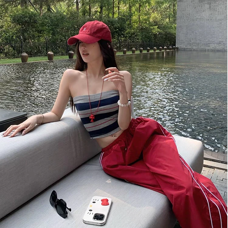 辣妹穿搭女2025夏季撞色条纹抹胸吊带背心上衣美式工装裤两件套