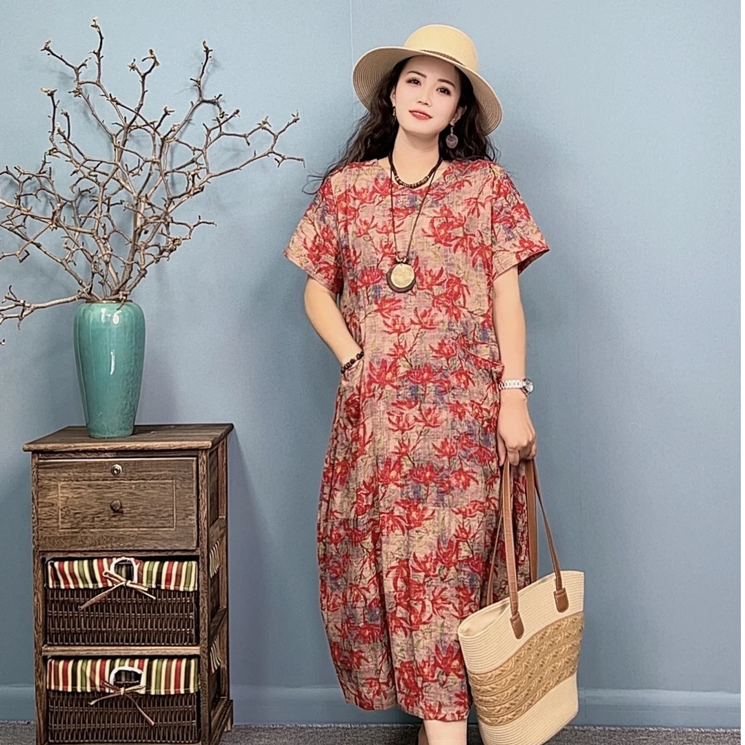 25039夏季新款气质显瘦百搭宽松休闲复古显白遮肉圆领连衣裙