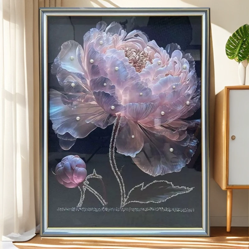 光影牡丹实物鎏金钢化玻璃装裱餐厅客厅卧室装饰画
