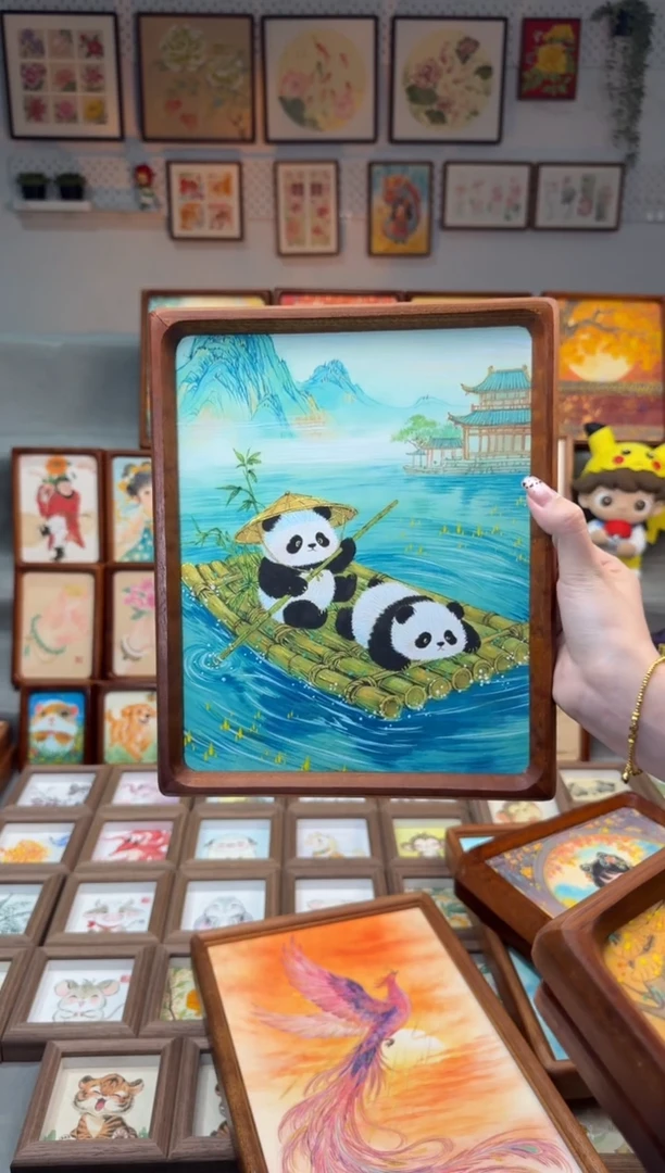 国画划船熊猫 手绘国画10