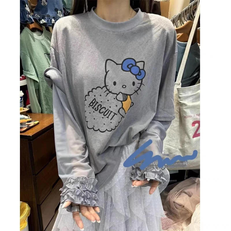 韩系2025春夏新款可爱猫咪拼接花边袖假两件t恤洋气减龄时尚上衣