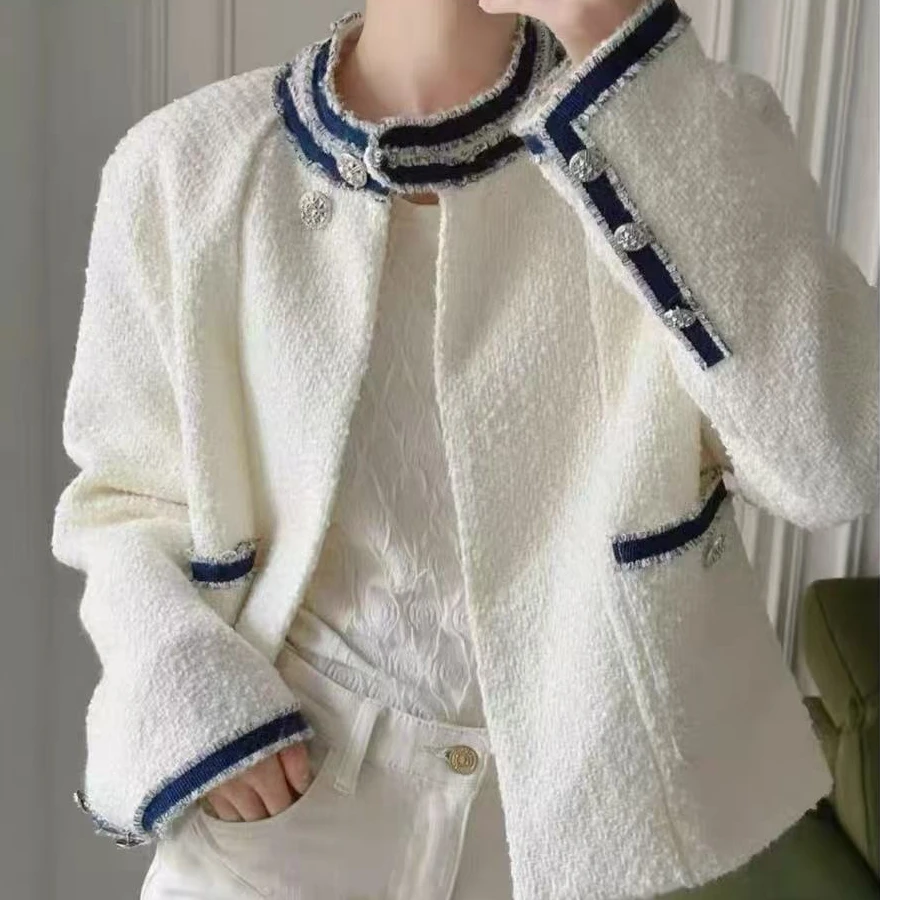 99新 Chanel/香奈儿  36码14C米白色拼蓝色边小立领外套，98新