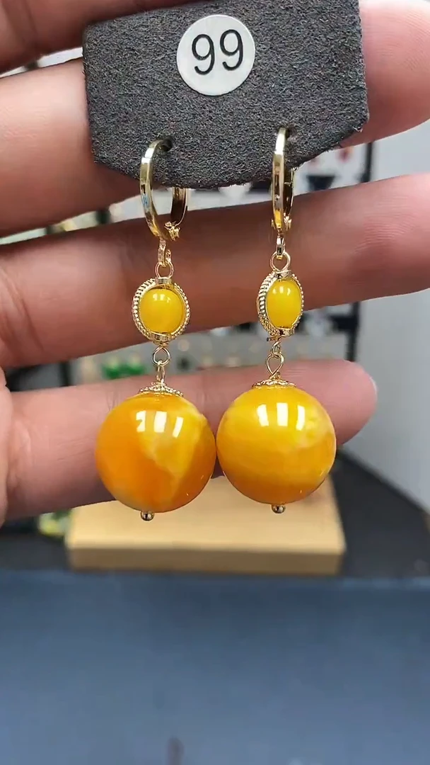 银S925镀金镶嵌蜜蜡耳饰尺寸16mm耳扣D1