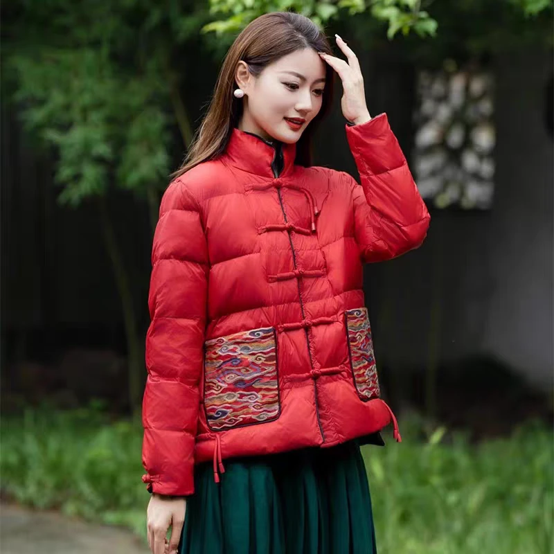 冬季新款国风刺绣立领盘扣短款保暖白鸭绒外套女