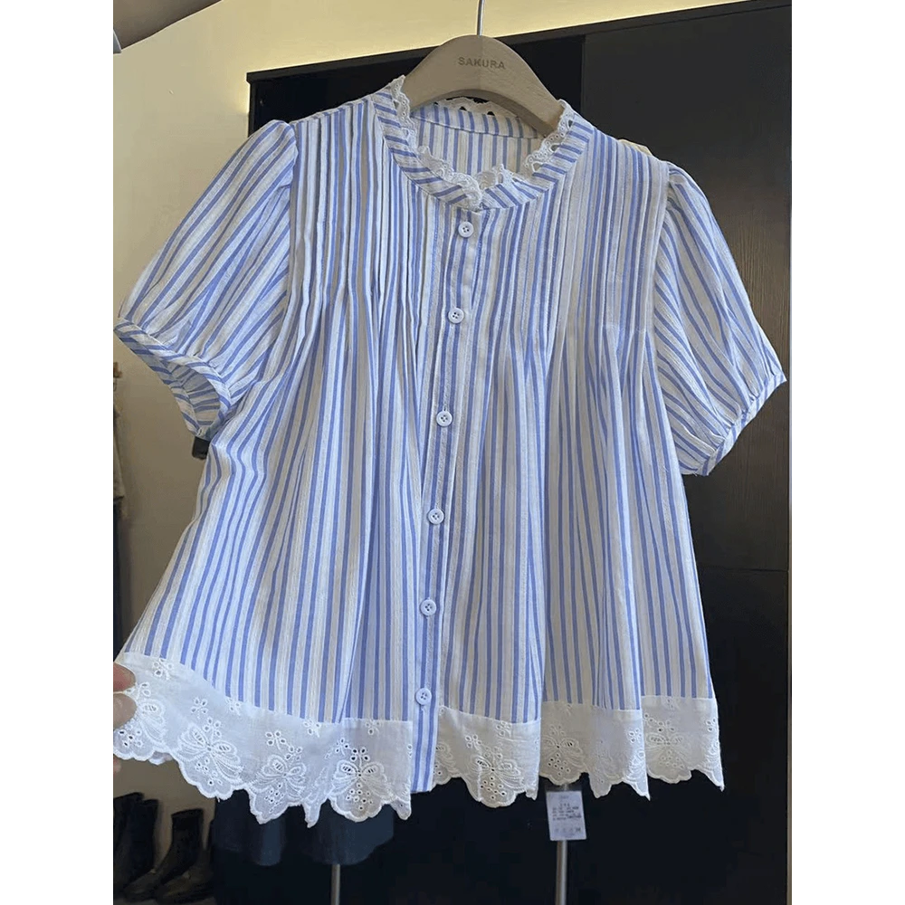 韩版慵懒风蕾丝花边条纹短袖衬衫女夏装2025夏季新款减龄衬衣上衣
