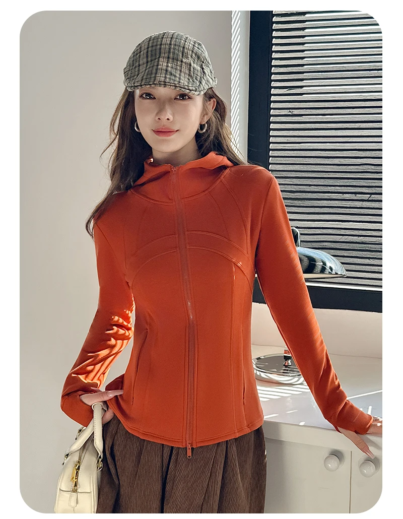 休闲鱼骨线瑜伽显瘦连帽时尚上衣外套适合运动健身女款