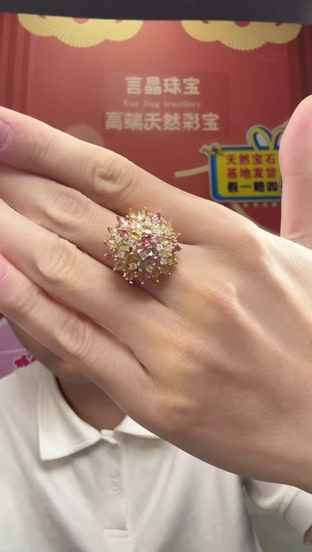 银S925镶嵌戒指碧玺23mm戒指繁花设计款多样性发一