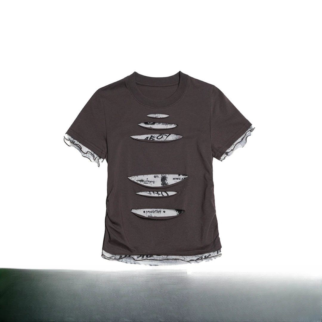 ITIBxOHLABOY设计师款破洞拼接短袖甜辣假两件T恤IBE2STOHL0272