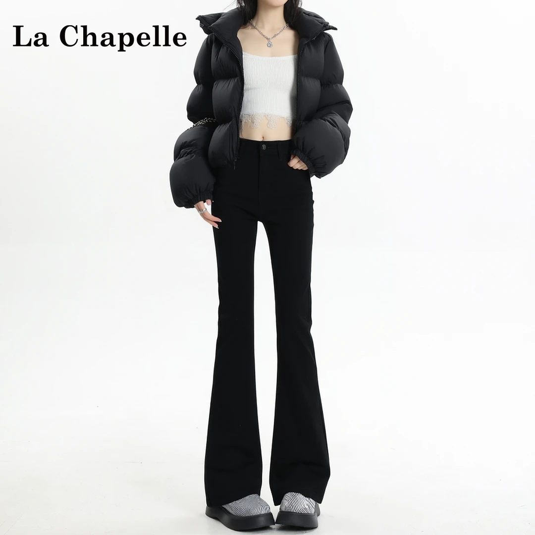 拉夏贝尔黑色加绒微喇牛仔裤女秋冬爆款高腰弹力显瘦马蹄喇叭裤子