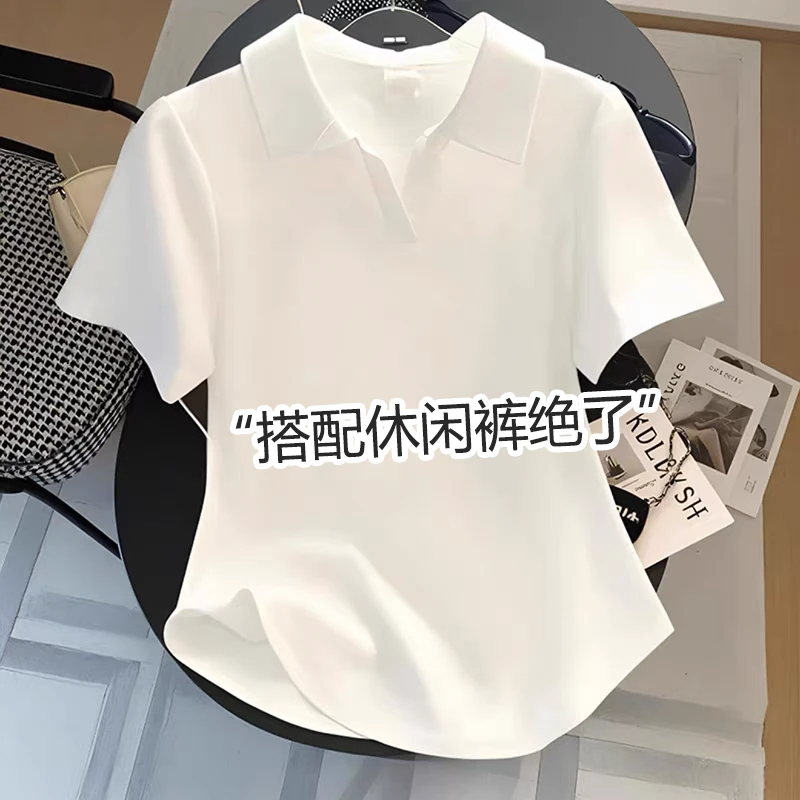 欧货POL翻领白色短袖t恤女宽松不规则设计感多巴胺洋气上衣