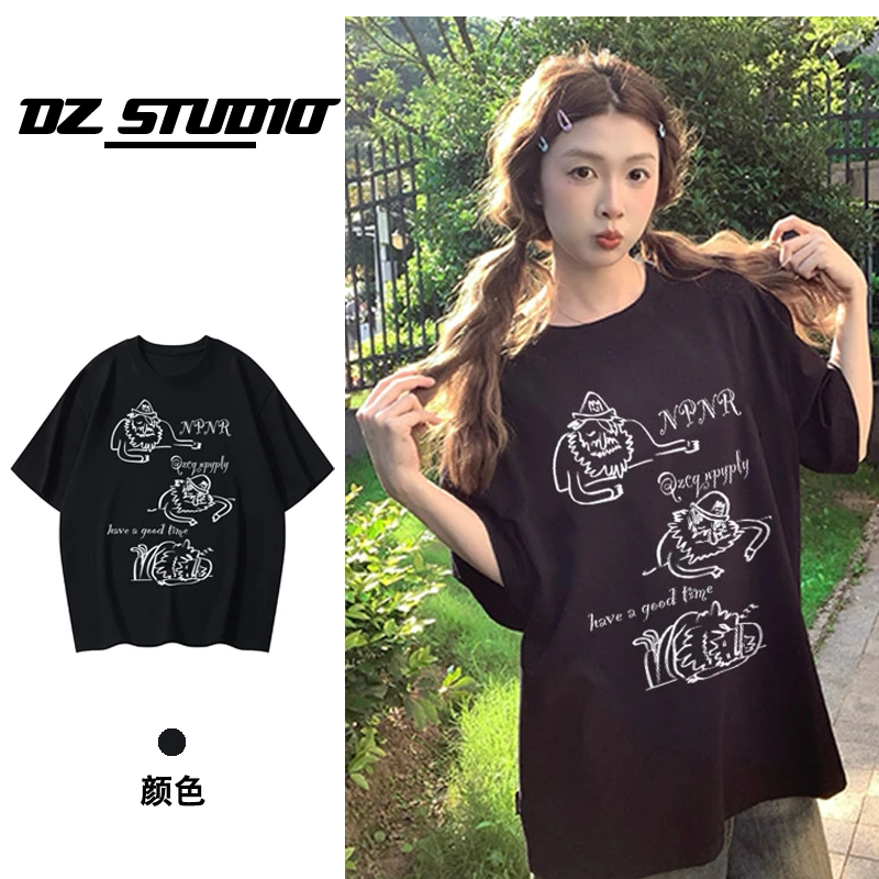 美式复古半袖休闲宽松百搭夏季短袖女T恤纯棉外穿设计潮上衣圆领