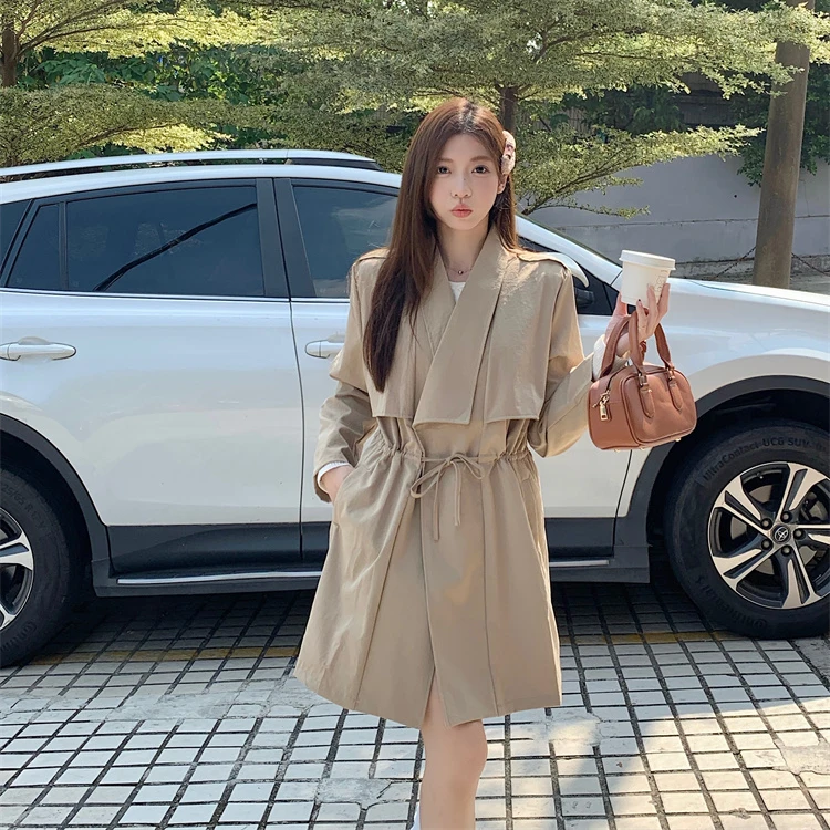 大码抽绳休闲风衣外套女中长款百搭外套 66289