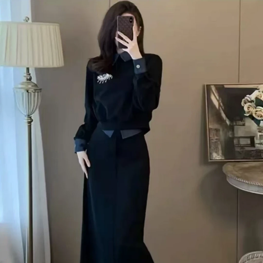 春款清仓【两件套】高级感黑色洋气显瘦时尚长袖高腰气质复古套装女