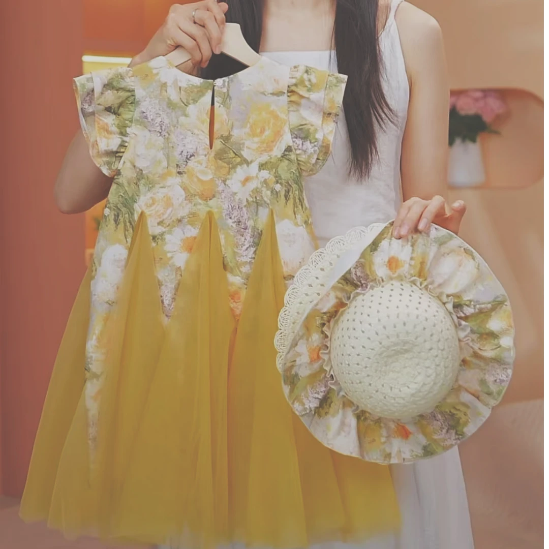 009 【送帽子】中国风女童新款洋气花边拼接网纱碎花公主连衣裙