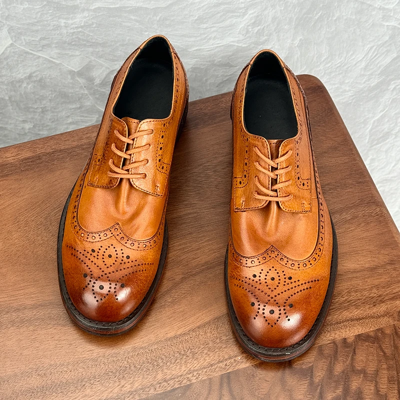 高档牛皮底手工鞋油蜡工艺雕花巴洛克马皮德比鞋男士休闲皮鞋婚鞋