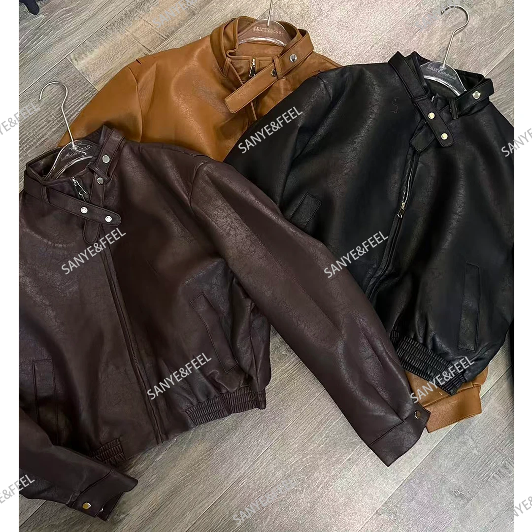 sanye&feel/妍三也【加满气场】设计感酷飒立领机车皮衣54329YX