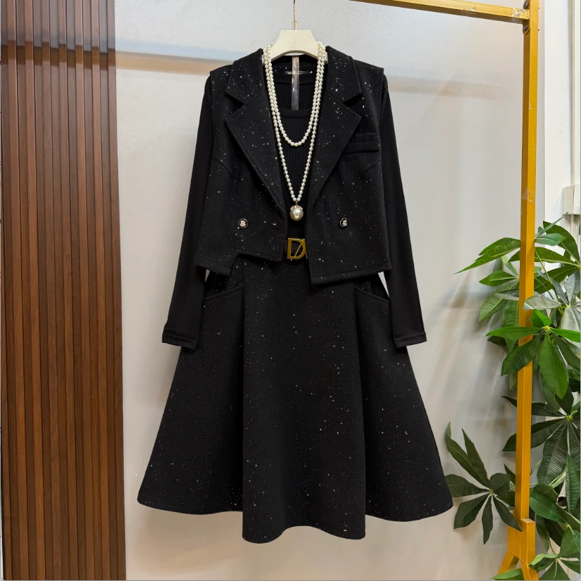 新款欧货大码女装时尚气质西服马甲打底连衣裙两件套套装